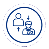 Simple icon showing a person symbol and a professional figure connected by arrows, representing communication or interaction.