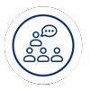Icon showing a group of people with one person speaking, representing communication or group discussion.