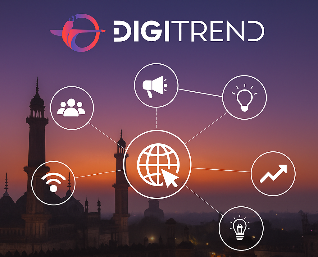 A visually appealing image showcasing the Lucknow skyline with digital icons overlaid to represent the city's digital growth.